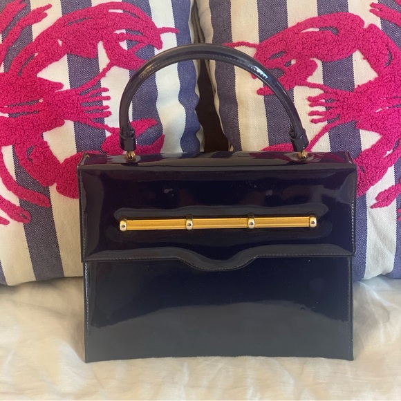 Vintage 1950s Crown Lewis Navy Patent Leather Bag with Gold Detail - Picture 1 of 12
